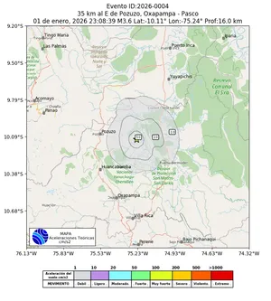 Mapa de aceleración teórica del sismo de magnitud 3.6 a 35 km al E de Pozuzo, Oxapampa - Pasco, Perú
