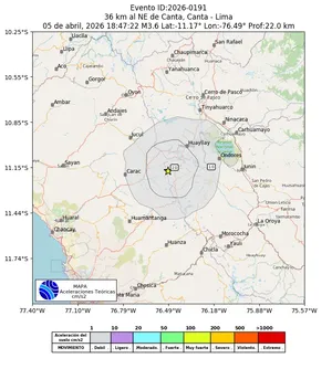 Mapa de aceleración teórica del sismo de magnitud 3.6 a 36 km al NE de Canta, Canta - Lima, Perú