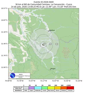 Mapa de aceleración teórica del sismo de magnitud 3.6 a 36 km al NO de Comunidad Camisea, La Convención - Cusco, Perú