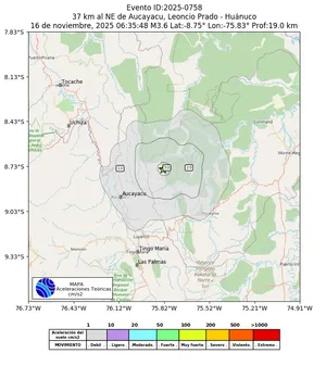 Mapa de aceleración teórica del sismo de magnitud 3.6 a 37 km al NE de Aucayacu, Leoncio Prado - Huánuco, Perú