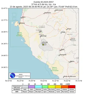 Mapa de aceleración teórica del sismo de magnitud 3.6 a 37 km al S de Ica, Ica - Ica, Perú