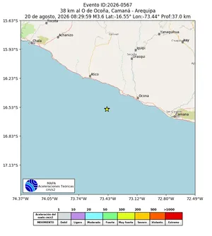 Mapa de aceleración teórica del sismo de magnitud 3.6 a 38 km al O de Ocoña, Camaná - Arequipa, Perú