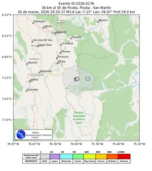 Mapa de aceleración teórica del sismo de magnitud 3.6 a 38 km al SE de Picota, Picota - San Martín, Perú