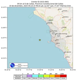 Mapa de aceleración teórica del sismo de magnitud 3.6 a 39 km al O de Callao, Provincia Constitucional del Callao, Perú