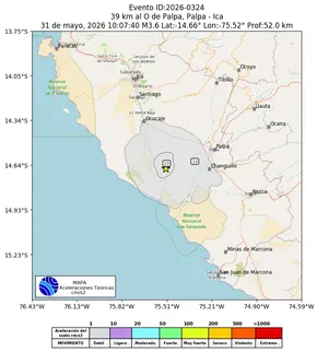 Mapa de aceleración teórica del sismo de magnitud 3.6 a 39 km al O de Palpa, Palpa - Ica, Perú