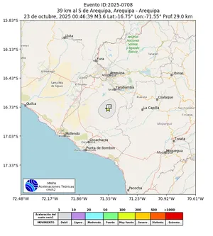 Mapa de aceleración teórica del sismo de magnitud 3.6 a 39 km al S de Arequipa, Arequipa - Arequipa, Perú