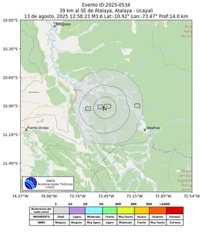 Mapa de aceleración teórica del sismo de magnitud 3.6 a 39 km al SE de Atalaya, Atalaya - Ucayali, Perú