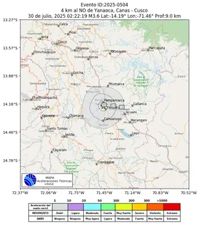 Mapa de aceleración teórica del sismo de magnitud 3.6 a 4 km al NO de Yanaoca, Canas - Cusco, Perú