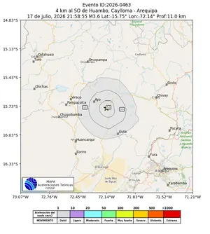 Mapa de aceleración teórica del sismo de magnitud 3.6 a 4 km al SO de Huambo, Caylloma - Arequipa, Perú