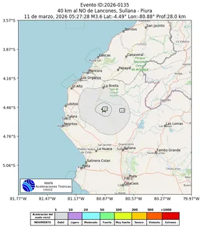 Mapa de aceleración teórica del sismo de magnitud 3.6 a 40 km al NO de Lancones, Sullana - Piura, Perú