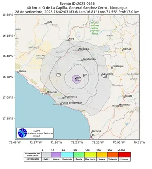 Mapa de aceleración teórica del sismo de magnitud 3.6 a 40 km al O de La Capilla, General Sanchez Cerro - Moquegua, Perú
