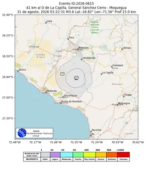 Mapa de aceleración teórica del sismo de magnitud 3.6 a 41 km al O de La Capilla, General Sánchez Cerro - Moquegua, Perú
