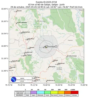 Mapa de aceleración teórica del sismo de magnitud 3.6 a 42 km al NO de Satipo, Satipo - Junín, Perú