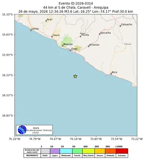 Mapa de aceleración teórica del sismo de magnitud 3.6 a 44 km al S de Chala, Caravelí - Arequipa, Perú