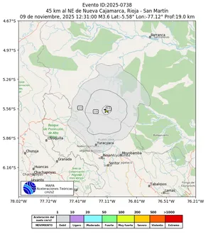 Mapa de aceleración teórica del sismo de magnitud 3.6 a 45 km al NE de Nueva Cajamarca, Rioja - San Martín, Perú