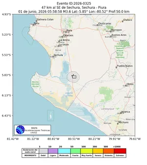 Mapa de aceleración teórica del sismo de magnitud 3.6 a 47 km al SE de Sechura, Sechura - Piura, Perú