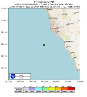 Mapa de aceleración teórica del sismo de magnitud 3.6 a 48 km al SO de Bellavista, Provincia Constitucional del Callao, Perú