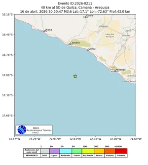 Mapa de aceleración teórica del sismo de magnitud 3.6 a 48 km al SO de Quilca, Camaná - Arequipa, Perú