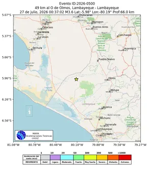 Mapa de aceleración teórica del sismo de magnitud 3.6 a 49 km al O de Olmos, Lambayeque - Lambayeque, Perú