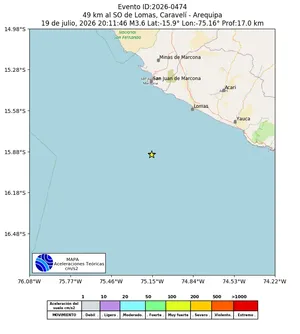 Mapa de aceleración teórica del sismo de magnitud 3.6 a 49 km al SO de Lomas, Caravelí - Arequipa, Perú