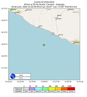 Mapa de aceleración teórica del sismo de magnitud 3.6 a 49 km al SO de Ocoña, Camaná - Arequipa, Perú