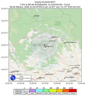 Mapa de aceleración teórica del sismo de magnitud 3.6 a 5 km al NO de Quillabamba, La Convención - Cusco, Perú
