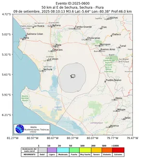 Mapa de aceleración teórica del sismo de magnitud 3.6 a 50 km al E de Sechura, Sechura - Piura, Perú