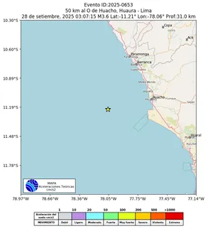 Mapa de aceleración teórica del sismo de magnitud 3.6 a 50 km al O de Huacho, Huaura - Lima, Perú