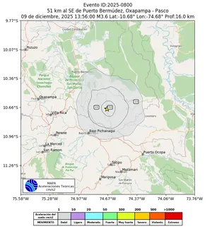 Mapa de aceleración teórica del sismo de magnitud 3.6 a 51 km al SE de Puerto Bermúdez, Oxapampa - Pasco, Perú