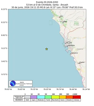 Mapa de aceleración teórica del sismo de magnitud 3.6 a 53 km al O de Chimbote, Santa - Áncash, Perú