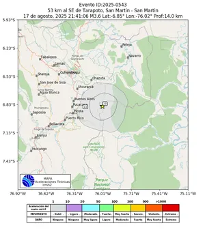 Mapa de aceleración teórica del sismo de magnitud 3.6 a 53 km al SE de Tarapoto, San Martin - San Martin, Perú