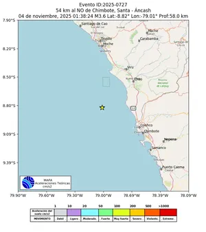 Mapa de aceleración teórica del sismo de magnitud 3.6 a 54 km al NO de Chimbote, Santa - Áncash, Perú