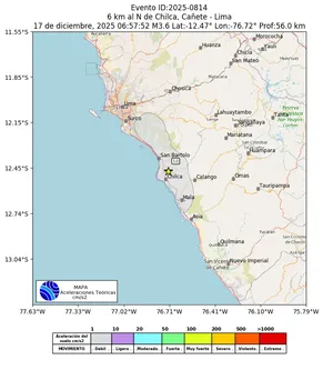 Mapa de aceleración teórica del sismo de magnitud 3.6 a 6 km al N de Chilca, Cañete - Lima, Perú