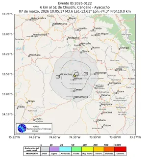 Mapa de aceleración teórica del sismo de magnitud 3.6 a 6 km al SE de Chuschi, Cangallo - Ayacucho, Perú