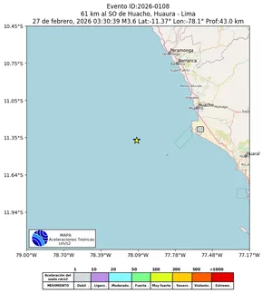 Mapa de aceleración teórica del sismo de magnitud 3.6 a 61 km al SO de Huacho, Huaura - Lima, Perú