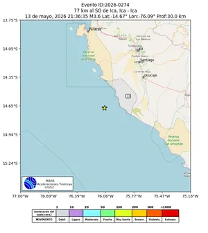 Mapa de aceleración teórica del sismo de magnitud 3.6 a 77 km al SO de Ica, Ica - Ica, Perú
