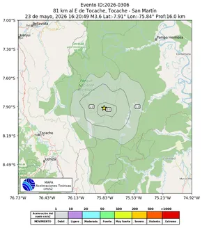 Mapa de aceleración teórica del sismo de magnitud 3.6 a 81 km al E de Tocache, Tocache - San Martín, Perú