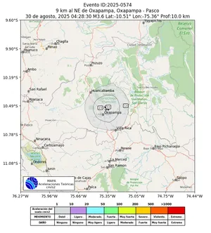 Mapa de aceleración teórica del sismo de magnitud 3.6 a 9 km al NE de Oxapampa, Oxapampa - Pasco, Perú