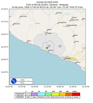 Mapa de aceleración teórica del sismo de magnitud 3.6 a 9 km al NO de Ocoña, Camaná - Arequipa, Perú