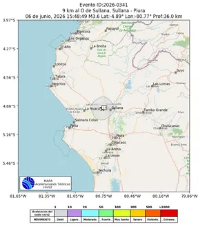 Mapa de aceleración teórica del sismo de magnitud 3.6 a 9 km al O de Sullana, Sullana - Piura, Perú