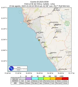 Mapa de aceleración teórica del sismo de magnitud 3.6 a 9 km al SE de Chilca, Cañete - Lima, Perú
