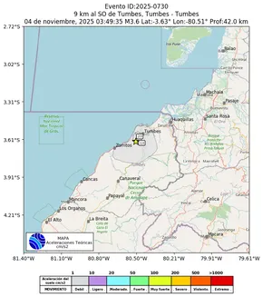Mapa de aceleración teórica del sismo de magnitud 3.6 a 9 km al SO de Tumbes, Tumbes - Tumbes, Perú