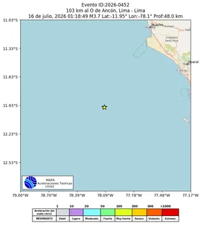 Mapa de aceleración teórica del sismo de magnitud 3.7 a 103 km al O de Ancón, Lima - Lima, Perú