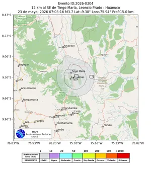 Mapa de aceleración teórica del sismo de magnitud 3.7 a 12 km al SE de Tingo María, Leoncio Prado - Huánuco, Perú