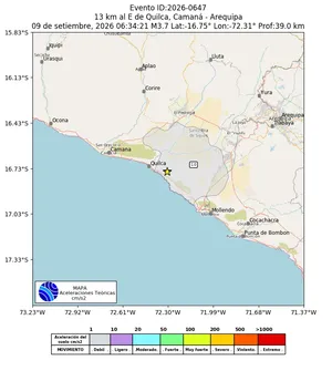 Mapa de aceleración teórica del sismo de magnitud 3.7 a 13 km al E de Quilca, Camaná - Arequipa, Perú