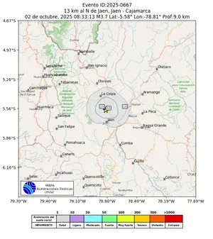 Mapa de aceleración teórica del sismo de magnitud 3.7 a 13 km al N de Jaen, Jaen - Cajamarca, Perú