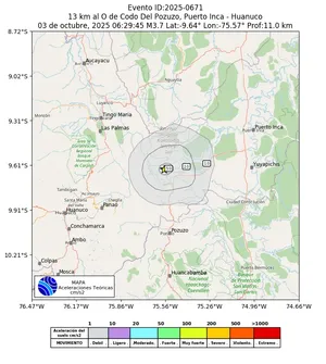 Mapa de aceleración teórica del sismo de magnitud 3.7 a 13 km al O de Codo Del Pozuzo, Puerto Inca - Huanuco, Perú