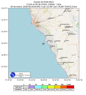 Mapa de aceleración teórica del sismo de magnitud 3.7 a 13 km al SO de Chilca, Cañete - Lima, Perú