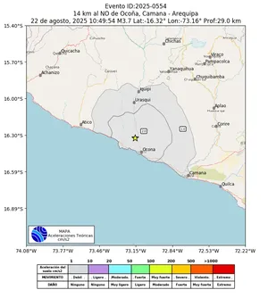 Mapa de aceleración teórica del sismo de magnitud 3.7 a 14 km al NO de Ocoña, Camana - Arequipa, Perú