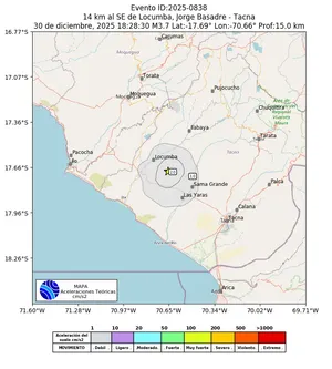Mapa de aceleración teórica del sismo de magnitud 3.7 a 14 km al SE de Locumba, Jorge Basadre - Tacna, Perú